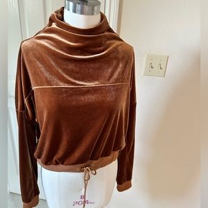 Brown Velour Luxe Crop Sweatshirt with Adjustable Cowl Neck and Drawstring